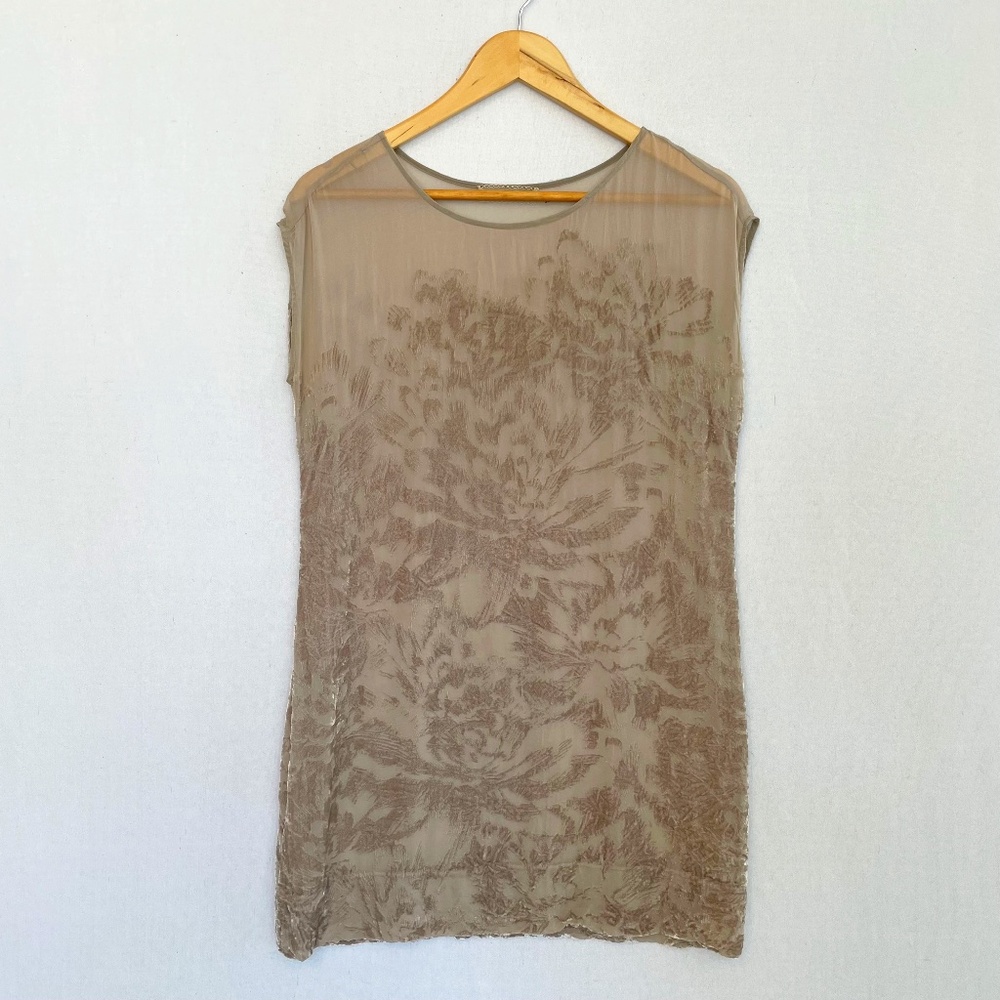 CLUNY Women's Medium Tan Flocked Velvet Sheer Semi Sheer Shift Mini Dress